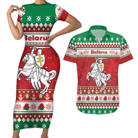 Belarus Pahonia Christmas Couples Matching Short Sleeve Bodycon Dress and Hawaiian Shirt Belarusian Vytis Knight Xmas Pattern - Wonder Print Shop