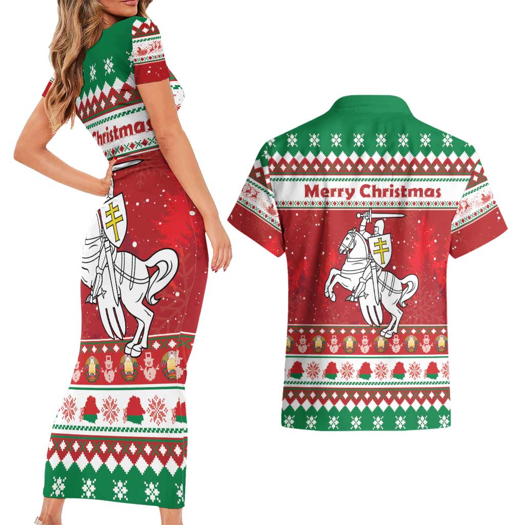 Belarus Pahonia Christmas Couples Matching Short Sleeve Bodycon Dress and Hawaiian Shirt Belarusian Vytis Knight Xmas Pattern - Wonder Print Shop