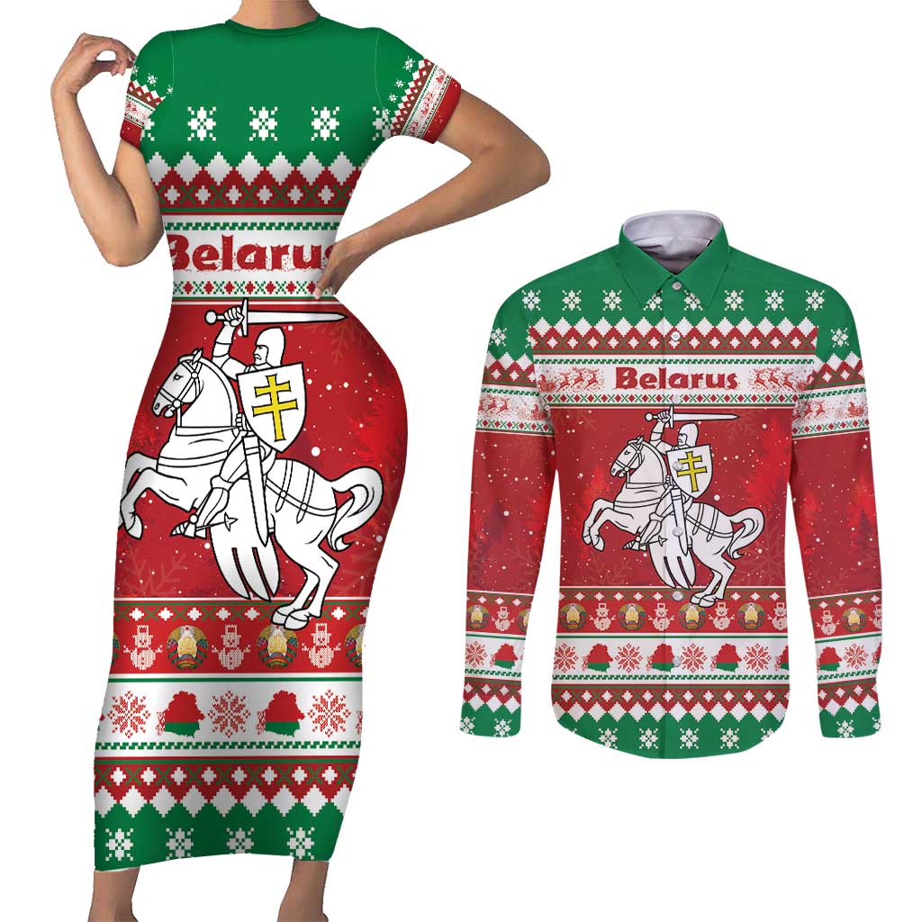 Belarus Pahonia Christmas Couples Matching Short Sleeve Bodycon Dress and Long Sleeve Button Shirt Belarusian Vytis Knight Xmas Pattern - Wonder Print Shop