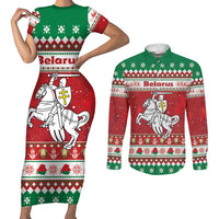 Belarus Pahonia Christmas Couples Matching Short Sleeve Bodycon Dress and Long Sleeve Button Shirt Belarusian Vytis Knight Xmas Pattern - Wonder Print Shop