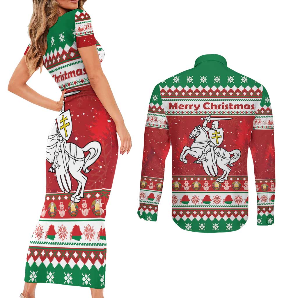 Belarus Pahonia Christmas Couples Matching Short Sleeve Bodycon Dress and Long Sleeve Button Shirt Belarusian Vytis Knight Xmas Pattern - Wonder Print Shop