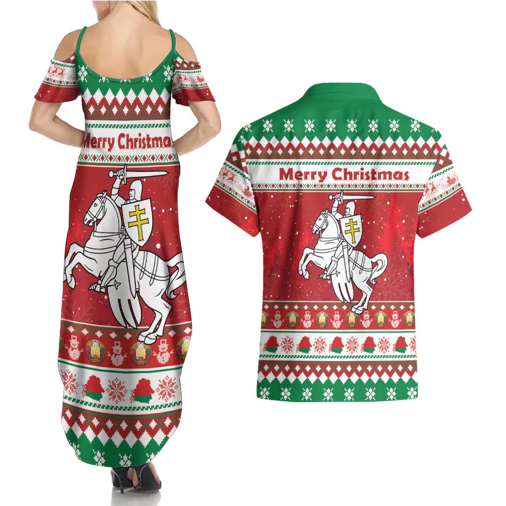 Belarus Pahonia Christmas Couples Matching Summer Maxi Dress and Hawaiian Shirt Belarusian Vytis Knight Xmas Pattern - Wonder Print Shop