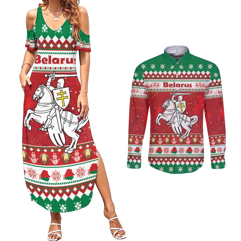 Belarus Pahonia Christmas Couples Matching Summer Maxi Dress and Long Sleeve Button Shirt Belarusian Vytis Knight Xmas Pattern - Wonder Print Shop