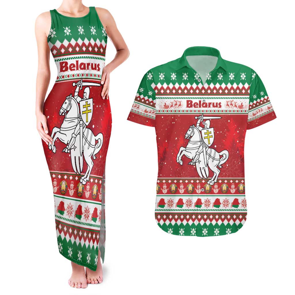 Belarus Pahonia Christmas Couples Matching Tank Maxi Dress and Hawaiian Shirt Belarusian Vytis Knight Xmas Pattern - Wonder Print Shop