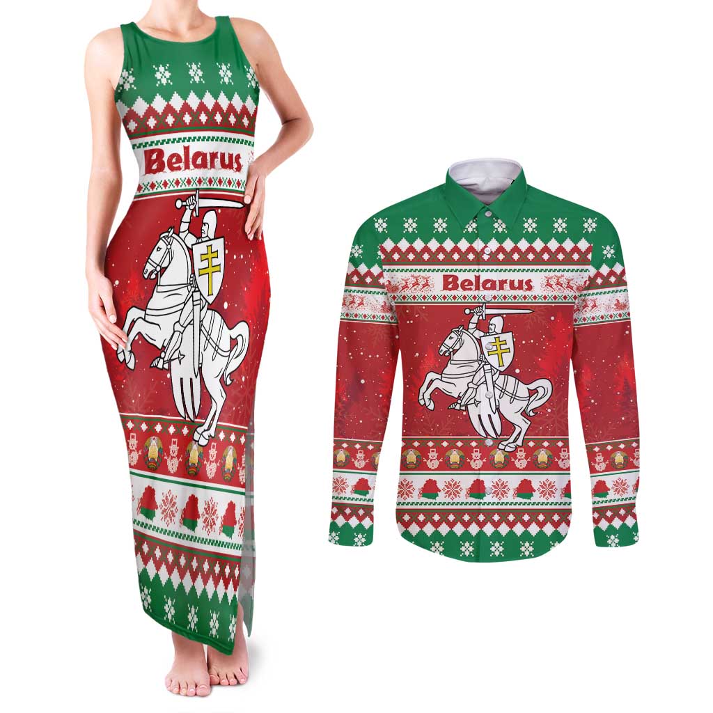Belarus Pahonia Christmas Couples Matching Tank Maxi Dress and Long Sleeve Button Shirt Belarusian Vytis Knight Xmas Pattern - Wonder Print Shop