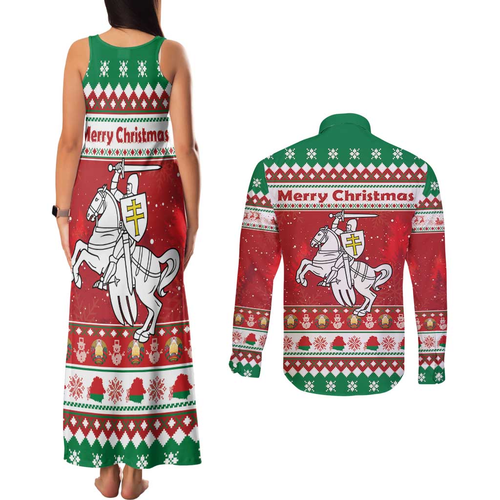 Belarus Pahonia Christmas Couples Matching Tank Maxi Dress and Long Sleeve Button Shirt Belarusian Vytis Knight Xmas Pattern - Wonder Print Shop