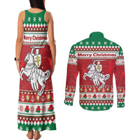 Belarus Pahonia Christmas Couples Matching Tank Maxi Dress and Long Sleeve Button Shirt Belarusian Vytis Knight Xmas Pattern - Wonder Print Shop