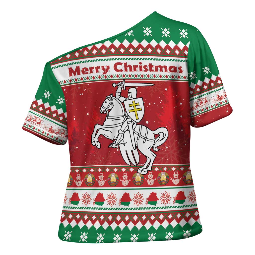 Belarus Pahonia Christmas Cross Shoulder Shirt Belarusian Vytis Knight Xmas Pattern - Wonder Print Shop
