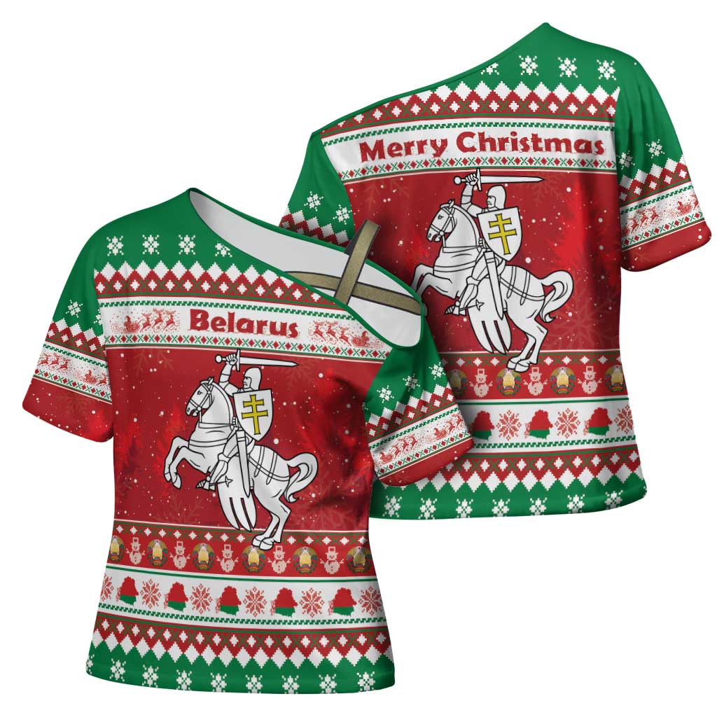 Belarus Pahonia Christmas Cross Shoulder Shirt Belarusian Vytis Knight Xmas Pattern - Wonder Print Shop