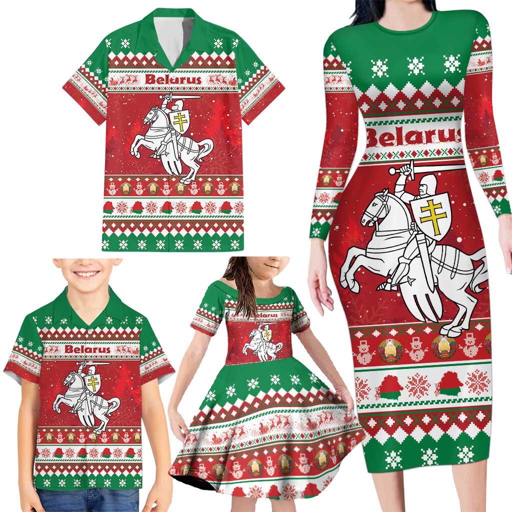 Belarus Pahonia Christmas Family Matching Long Sleeve Bodycon Dress and Hawaiian Shirt Belarusian Vytis Knight Xmas Pattern - Wonder Print Shop