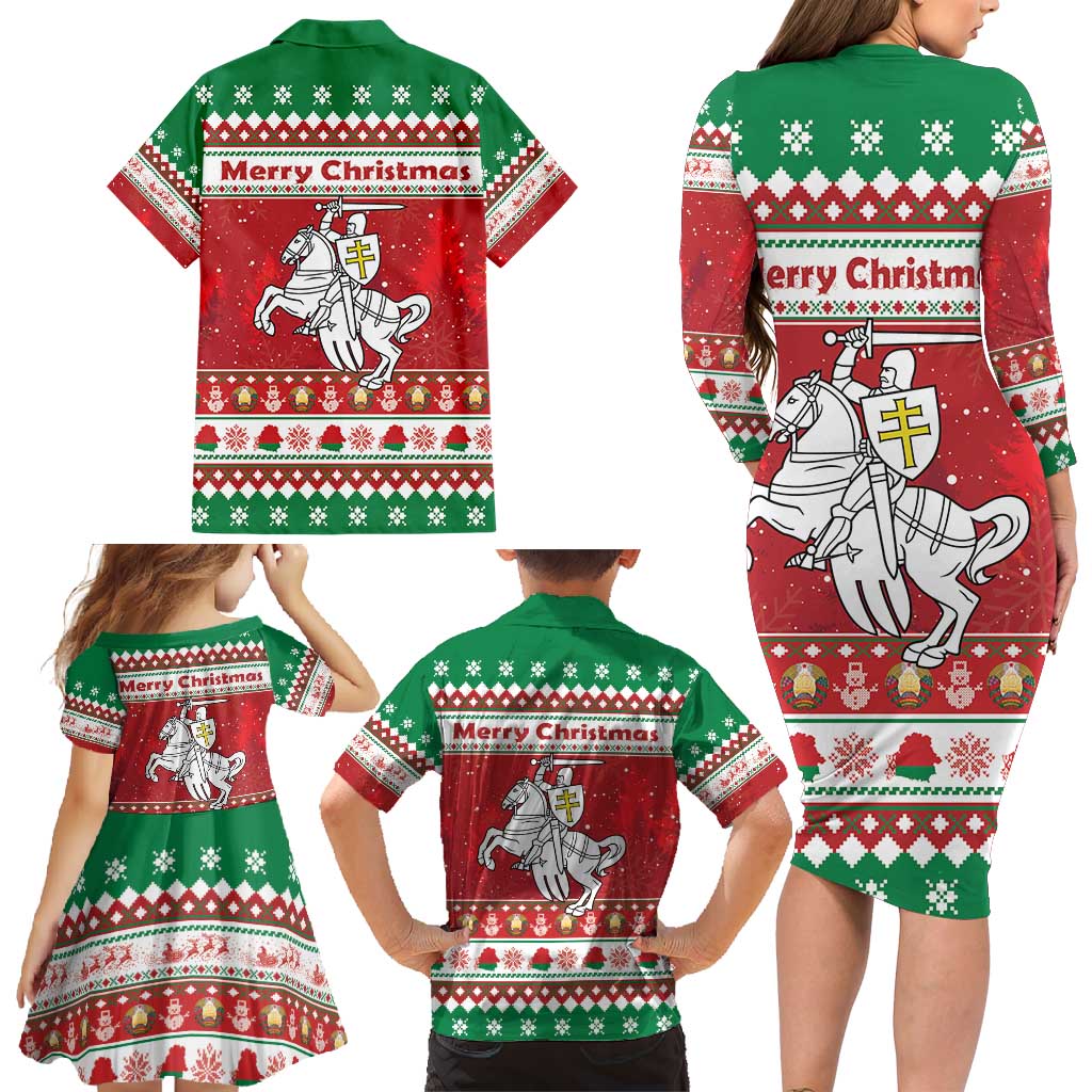 Belarus Pahonia Christmas Family Matching Long Sleeve Bodycon Dress and Hawaiian Shirt Belarusian Vytis Knight Xmas Pattern - Wonder Print Shop