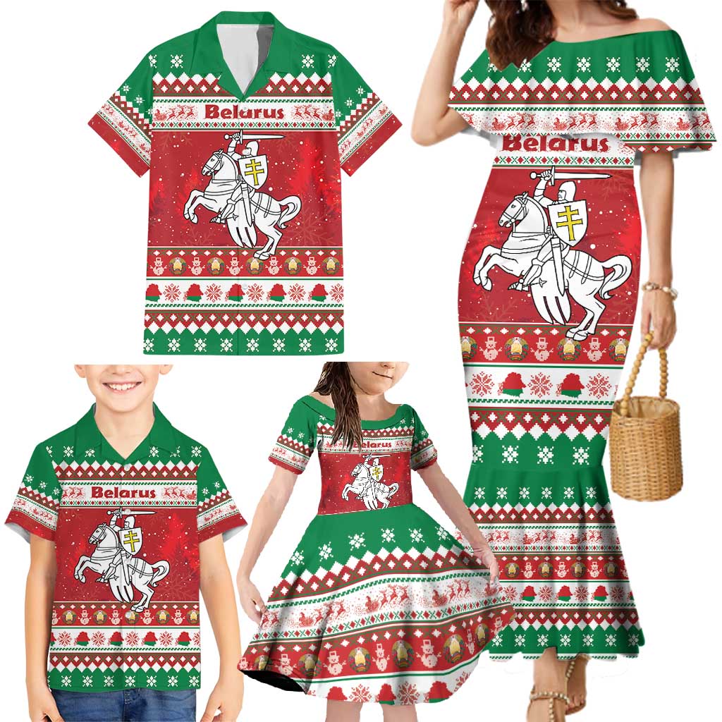 Belarus Pahonia Christmas Family Matching Mermaid Dress and Hawaiian Shirt Belarusian Vytis Knight Xmas Pattern - Wonder Print Shop