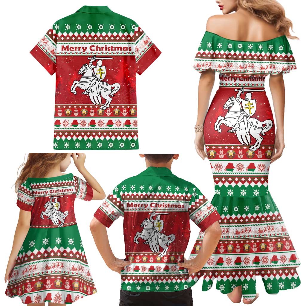 Belarus Pahonia Christmas Family Matching Mermaid Dress and Hawaiian Shirt Belarusian Vytis Knight Xmas Pattern - Wonder Print Shop