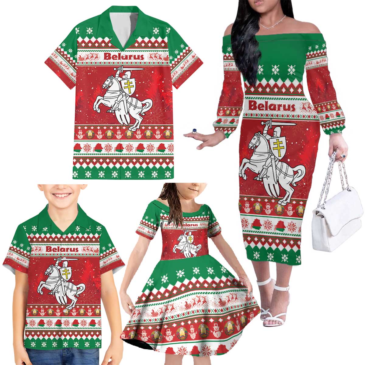 Belarus Pahonia Christmas Family Matching Off The Shoulder Long Sleeve Dress and Hawaiian Shirt Belarusian Vytis Knight Xmas Pattern - Wonder Print Shop