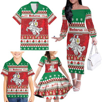 Belarus Pahonia Christmas Family Matching Off The Shoulder Long Sleeve Dress and Hawaiian Shirt Belarusian Vytis Knight Xmas Pattern - Wonder Print Shop