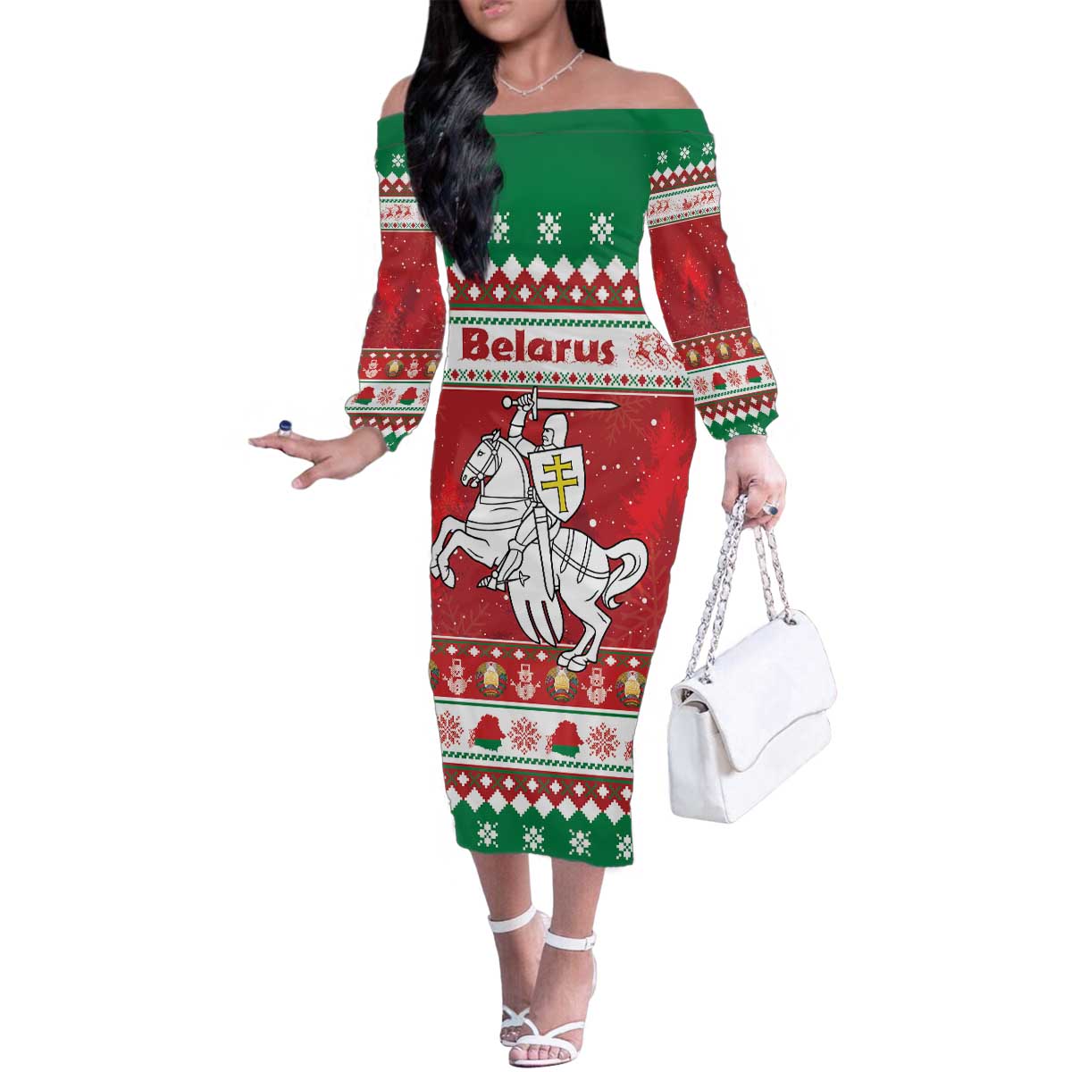 Belarus Pahonia Christmas Family Matching Off The Shoulder Long Sleeve Dress and Hawaiian Shirt Belarusian Vytis Knight Xmas Pattern - Wonder Print Shop