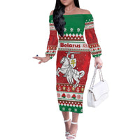 Belarus Pahonia Christmas Family Matching Off The Shoulder Long Sleeve Dress and Hawaiian Shirt Belarusian Vytis Knight Xmas Pattern - Wonder Print Shop