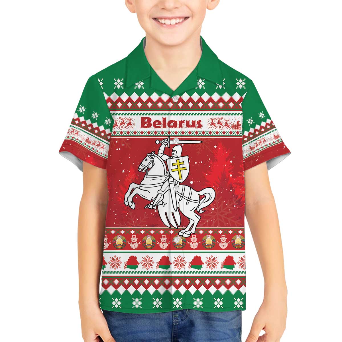 Belarus Pahonia Christmas Family Matching Off The Shoulder Long Sleeve Dress and Hawaiian Shirt Belarusian Vytis Knight Xmas Pattern - Wonder Print Shop