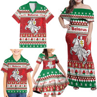 Belarus Pahonia Christmas Family Matching Off Shoulder Maxi Dress and Hawaiian Shirt Belarusian Vytis Knight Xmas Pattern - Wonder Print Shop