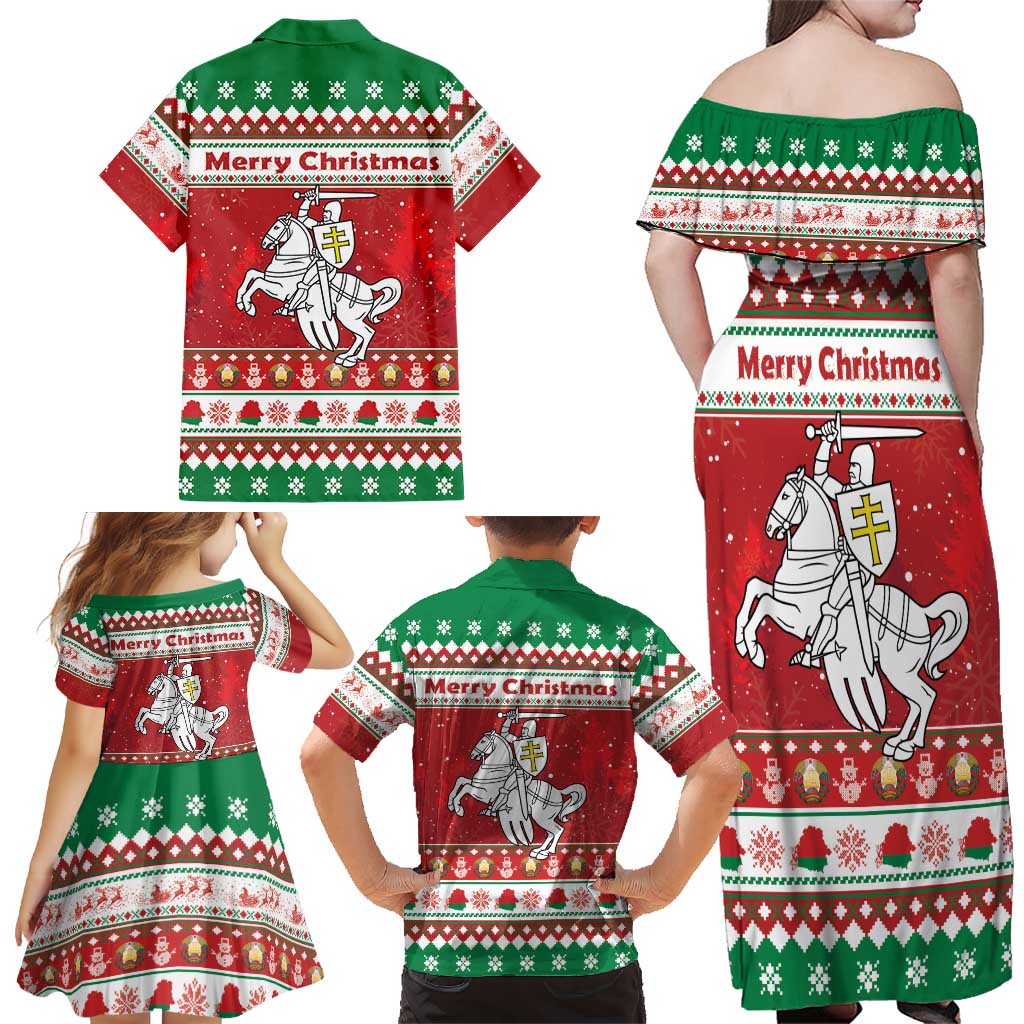 Belarus Pahonia Christmas Family Matching Off Shoulder Maxi Dress and Hawaiian Shirt Belarusian Vytis Knight Xmas Pattern - Wonder Print Shop