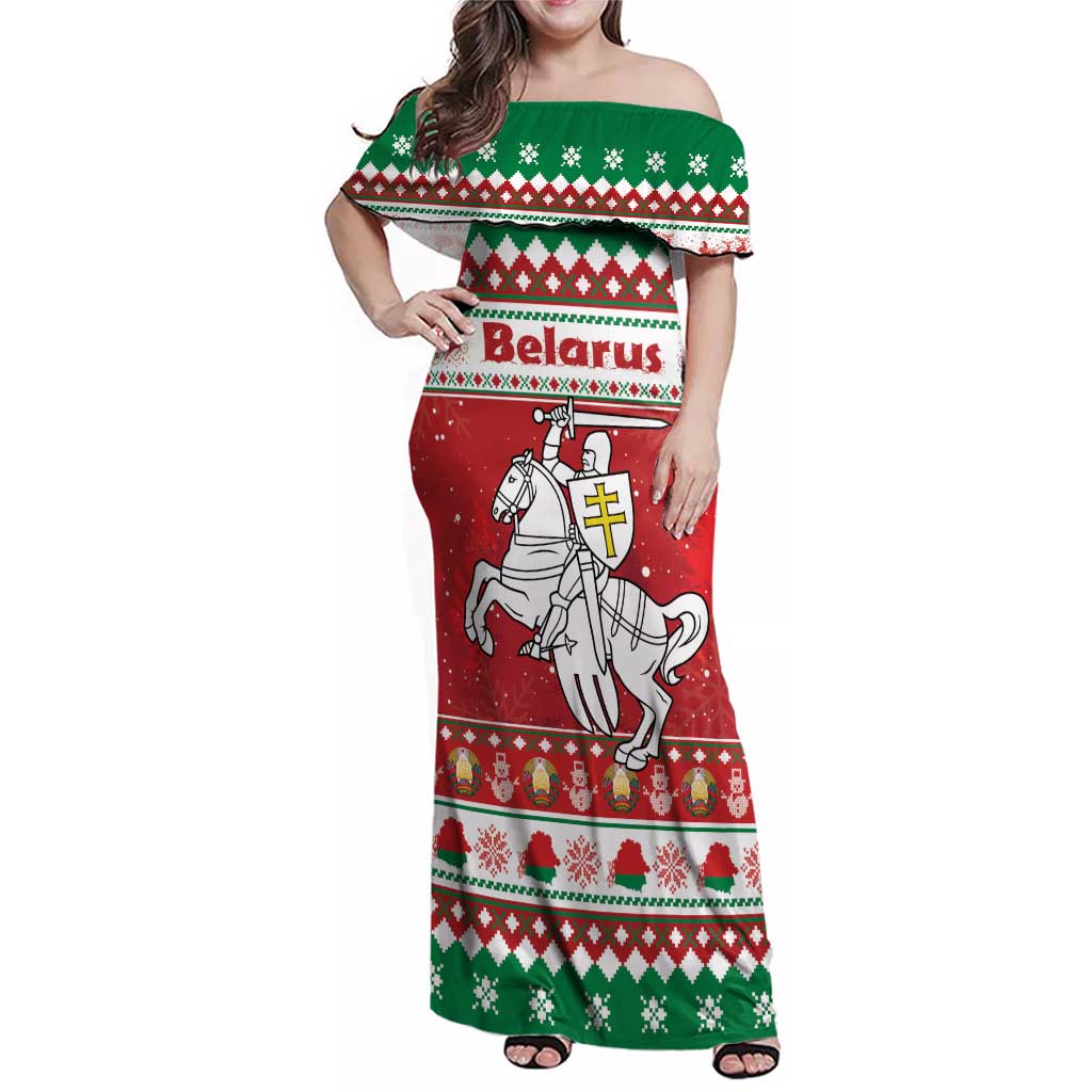Belarus Pahonia Christmas Family Matching Off Shoulder Maxi Dress and Hawaiian Shirt Belarusian Vytis Knight Xmas Pattern - Wonder Print Shop