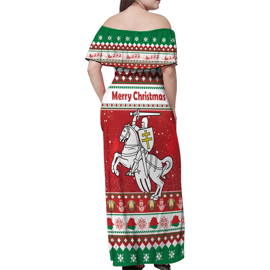 Belarus Pahonia Christmas Family Matching Off Shoulder Maxi Dress and Hawaiian Shirt Belarusian Vytis Knight Xmas Pattern - Wonder Print Shop