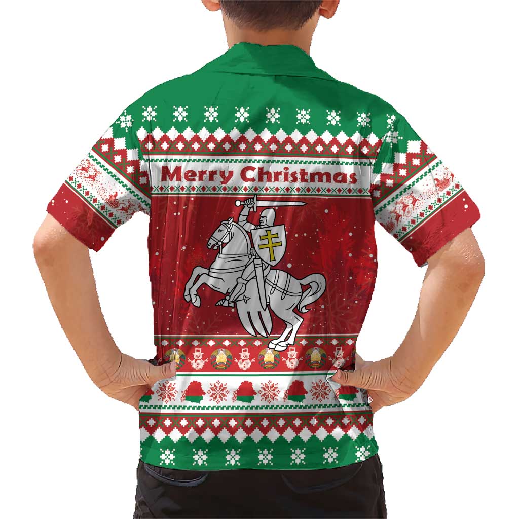 Belarus Pahonia Christmas Family Matching Off Shoulder Short Dress and Hawaiian Shirt Belarusian Vytis Knight Xmas Pattern - Wonder Print Shop