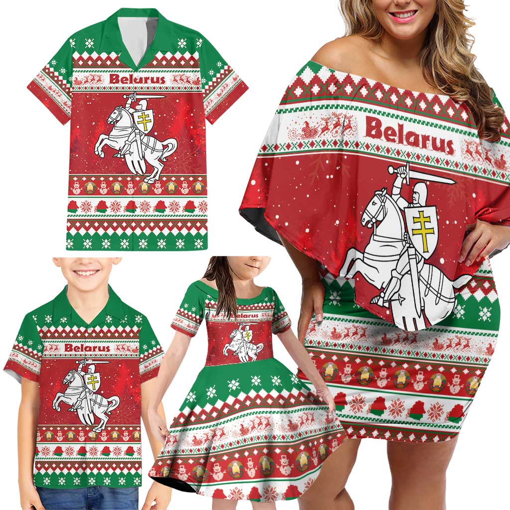 Belarus Pahonia Christmas Family Matching Off Shoulder Short Dress and Hawaiian Shirt Belarusian Vytis Knight Xmas Pattern - Wonder Print Shop