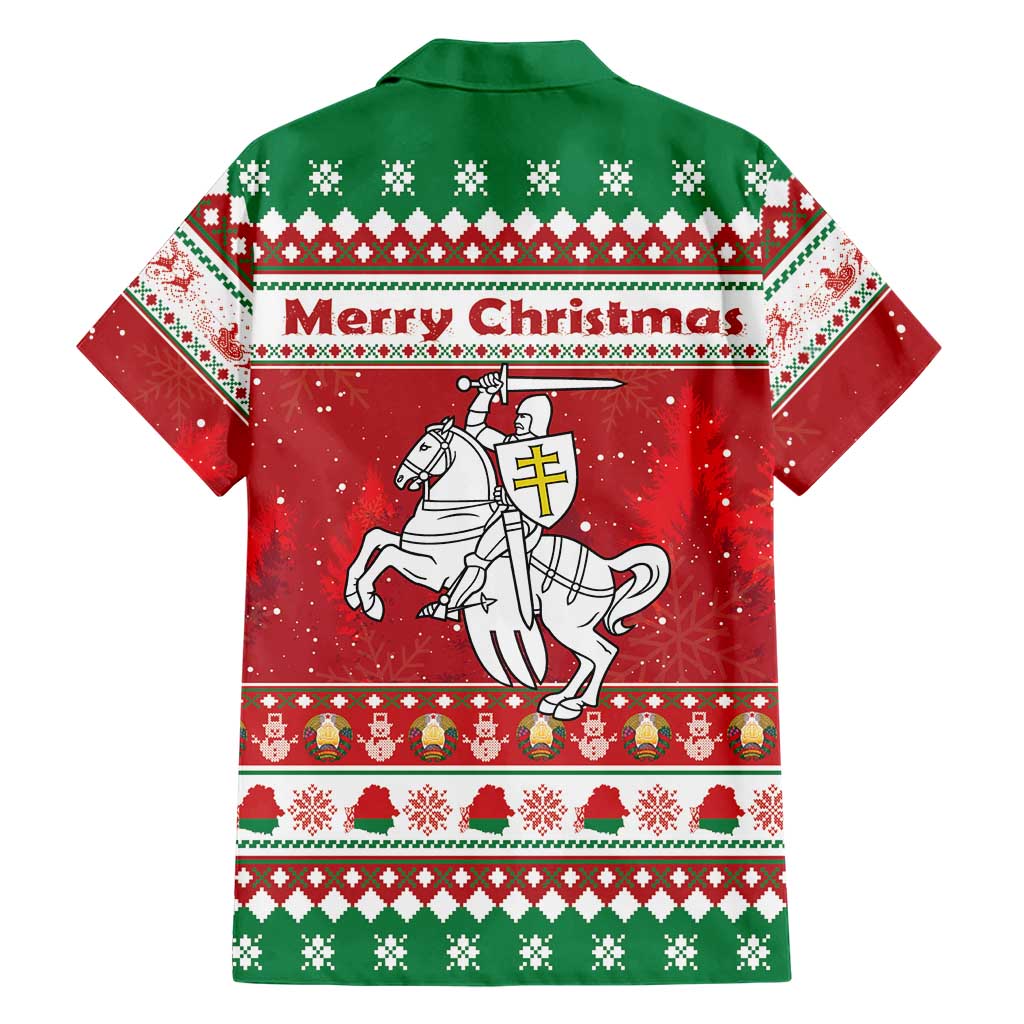 Belarus Pahonia Christmas Family Matching Off Shoulder Short Dress and Hawaiian Shirt Belarusian Vytis Knight Xmas Pattern - Wonder Print Shop