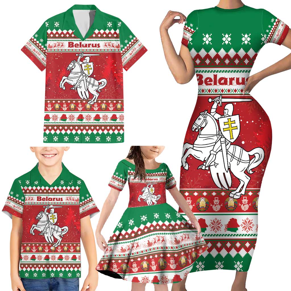 Belarus Pahonia Christmas Family Matching Short Sleeve Bodycon Dress and Hawaiian Shirt Belarusian Vytis Knight Xmas Pattern - Wonder Print Shop