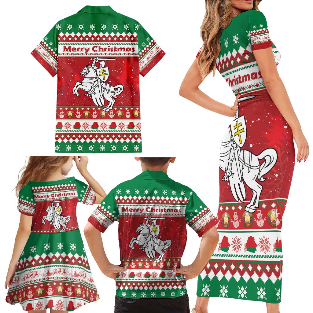 Belarus Pahonia Christmas Family Matching Short Sleeve Bodycon Dress and Hawaiian Shirt Belarusian Vytis Knight Xmas Pattern - Wonder Print Shop