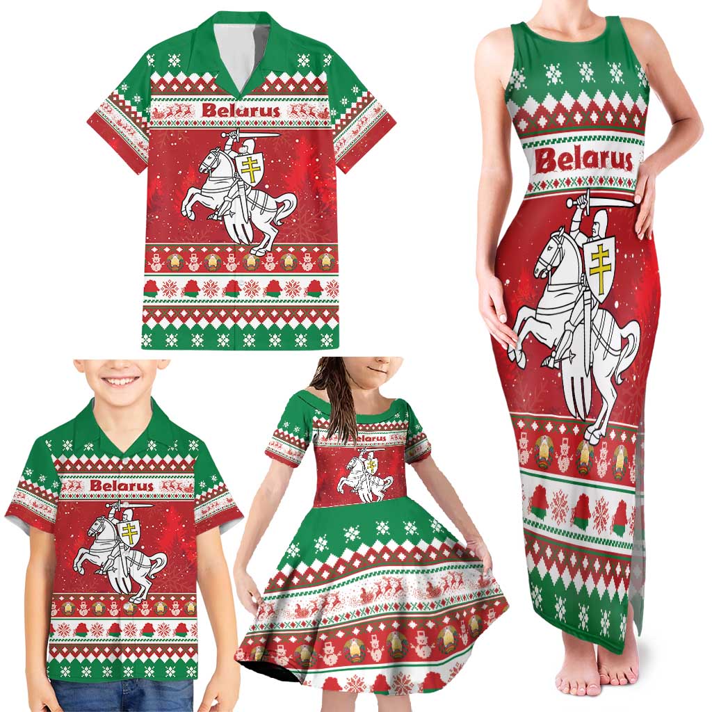 Belarus Pahonia Christmas Family Matching Tank Maxi Dress and Hawaiian Shirt Belarusian Vytis Knight Xmas Pattern - Wonder Print Shop