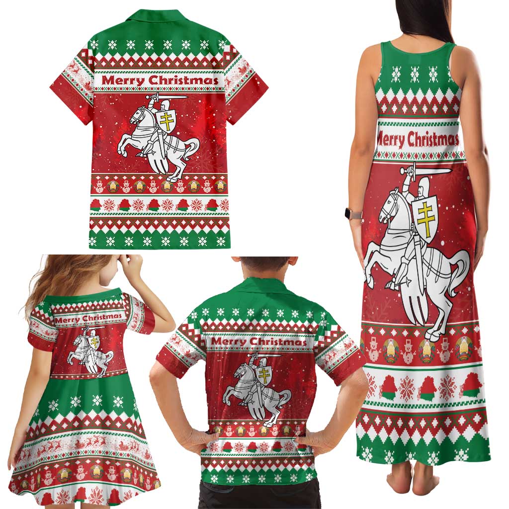 Belarus Pahonia Christmas Family Matching Tank Maxi Dress and Hawaiian Shirt Belarusian Vytis Knight Xmas Pattern - Wonder Print Shop
