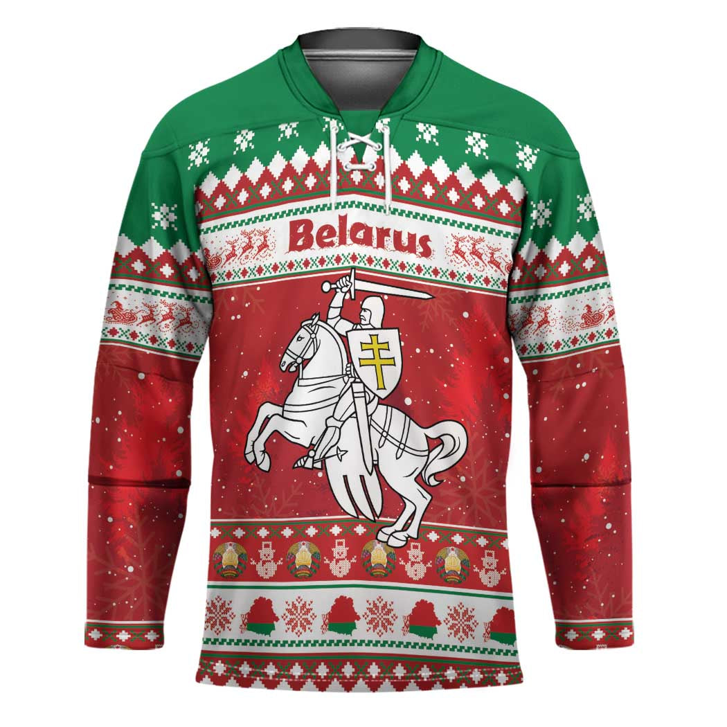 Belarus Pahonia Christmas Hockey Jersey Belarusian Vytis Knight Xmas Pattern - Wonder Print Shop