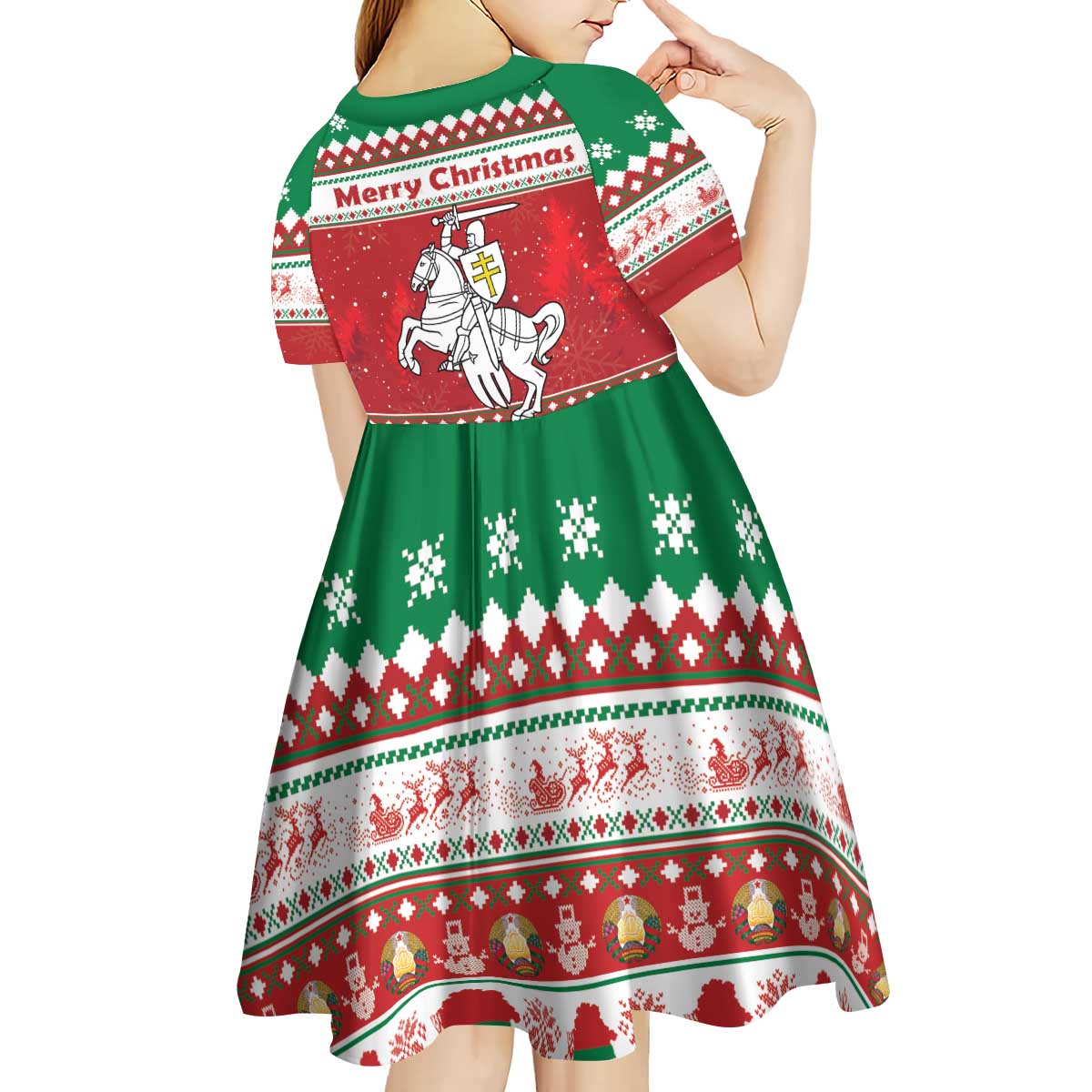 Belarus Pahonia Christmas Kid Short Sleeve Dress Belarusian Vytis Knight Xmas Pattern - Wonder Print Shop