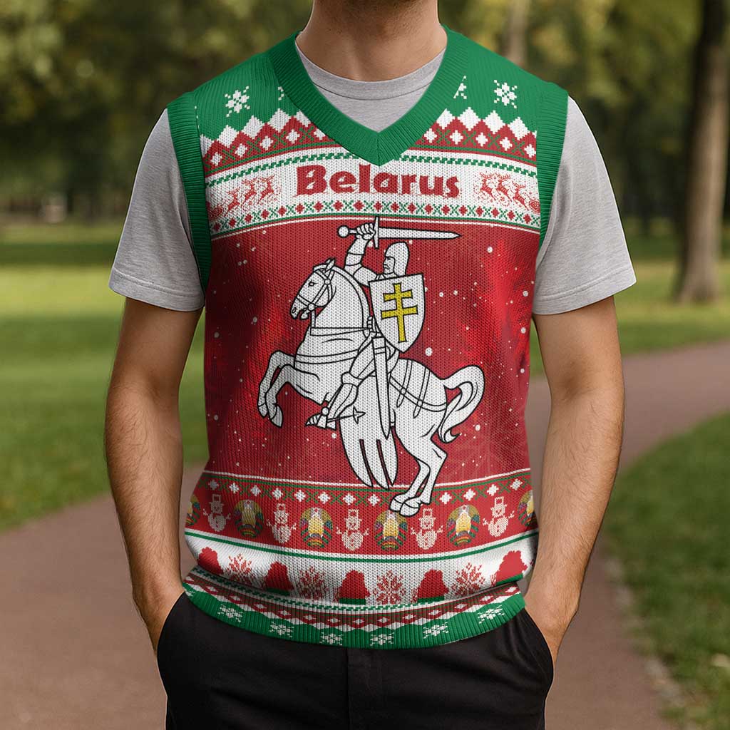 Belarus Pahonia Christmas Knitted V-Neck Vest Belarusian Vytis Knight Xmas Pattern - Wonder Print Shop