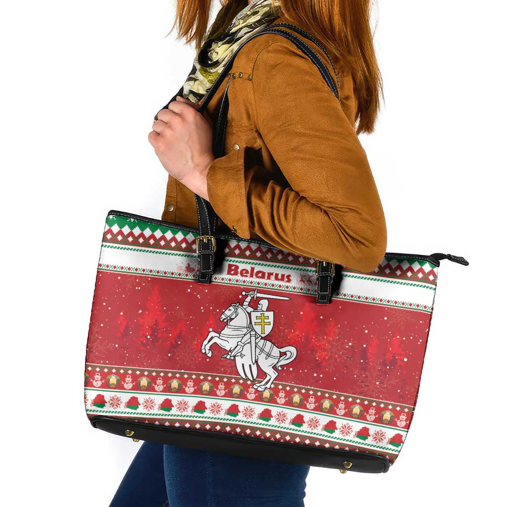 Belarus Pahonia Christmas Leather Tote Bag Belarusian Vytis Knight Xmas Pattern - Wonder Print Shop