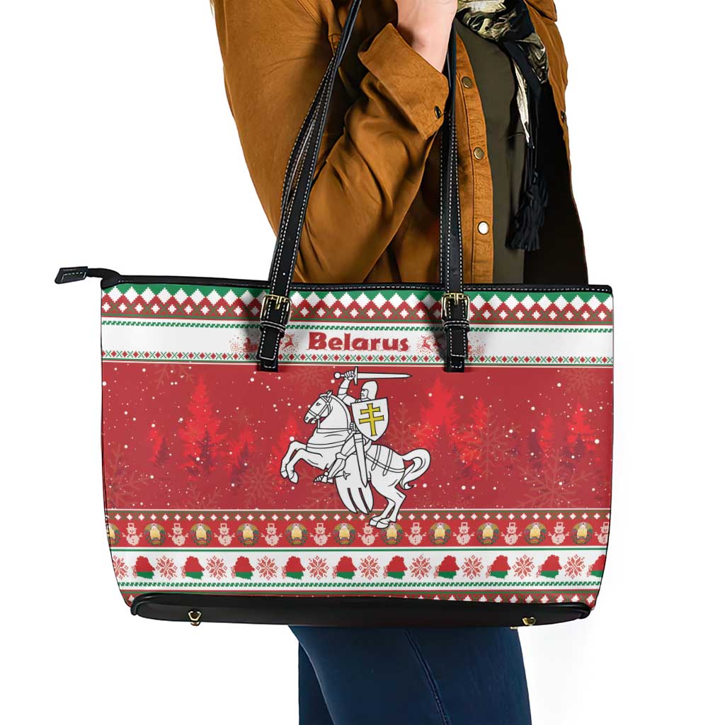 Belarus Pahonia Christmas Leather Tote Bag Belarusian Vytis Knight Xmas Pattern - Wonder Print Shop