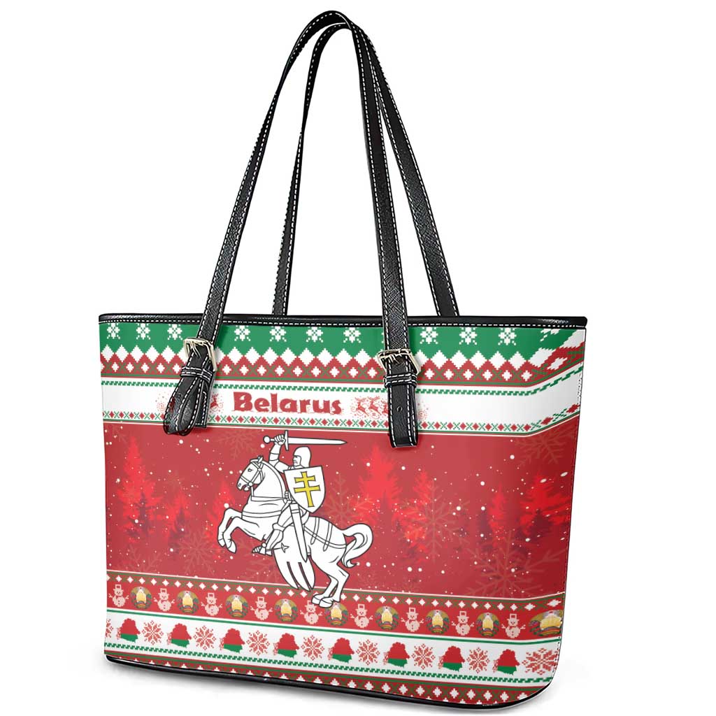 Belarus Pahonia Christmas Leather Tote Bag Belarusian Vytis Knight Xmas Pattern - Wonder Print Shop