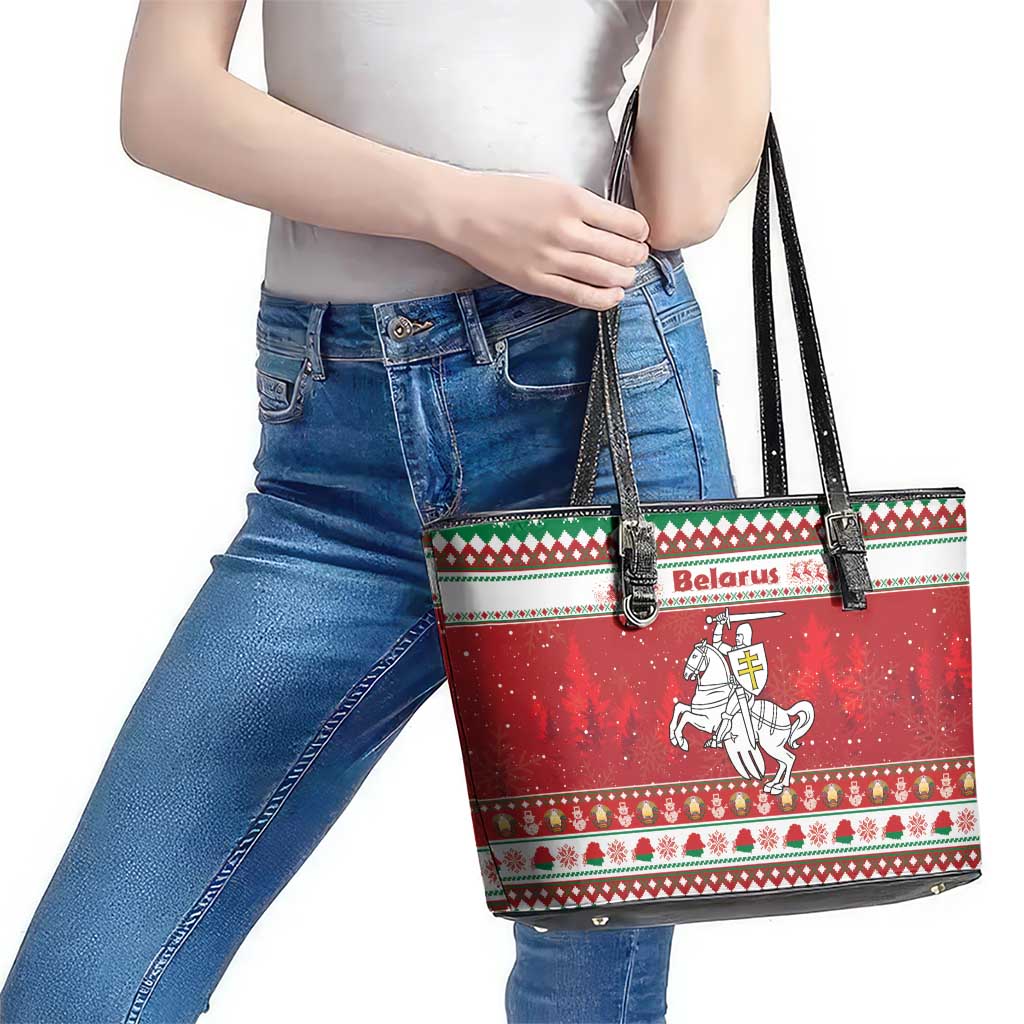 Belarus Pahonia Christmas Leather Tote Bag Belarusian Vytis Knight Xmas Pattern - Wonder Print Shop