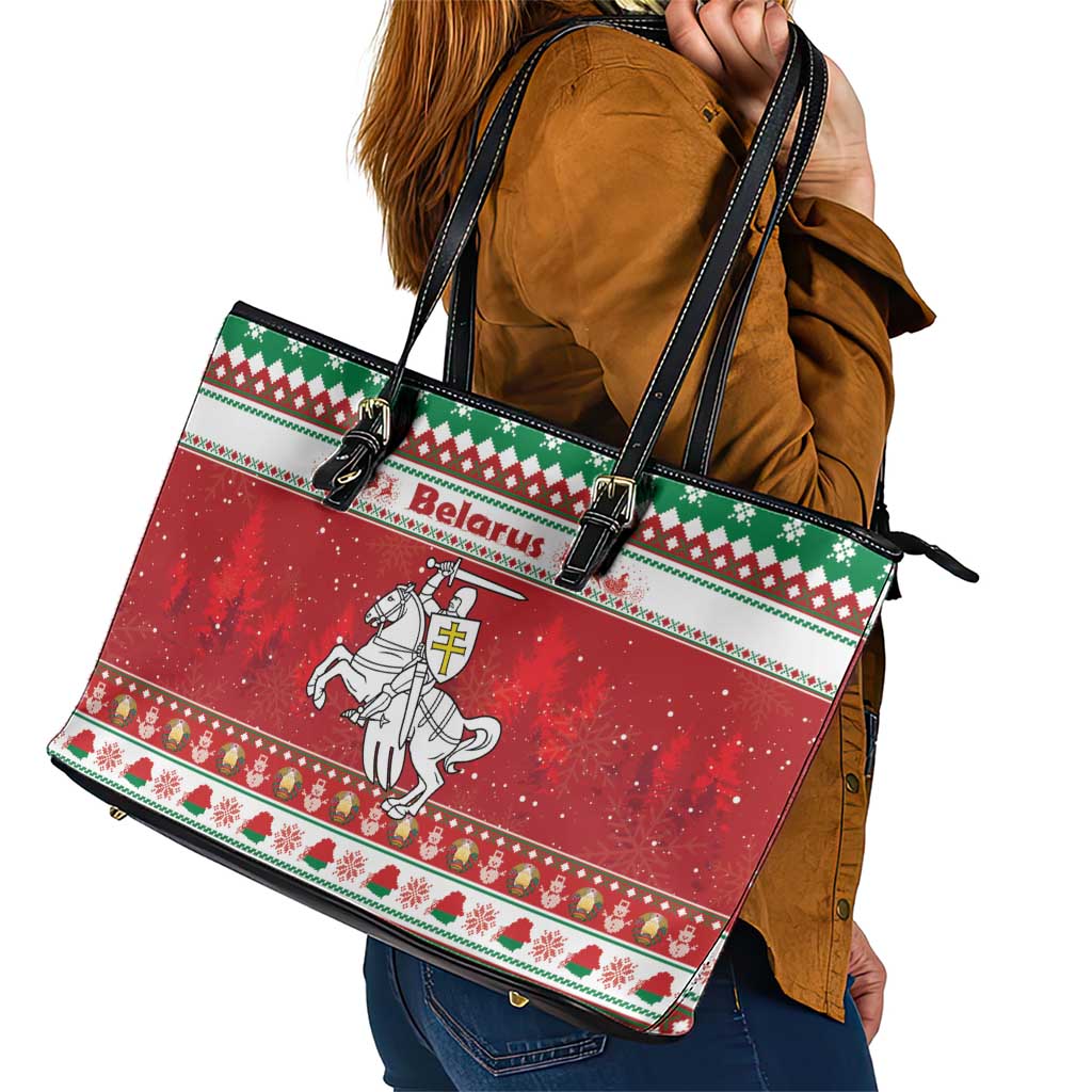 Belarus Pahonia Christmas Leather Tote Bag Belarusian Vytis Knight Xmas Pattern - Wonder Print Shop
