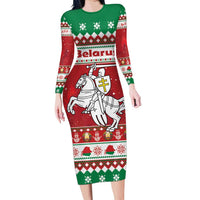 Belarus Pahonia Christmas Long Sleeve Bodycon Dress Belarusian Vytis Knight Xmas Pattern - Wonder Print Shop