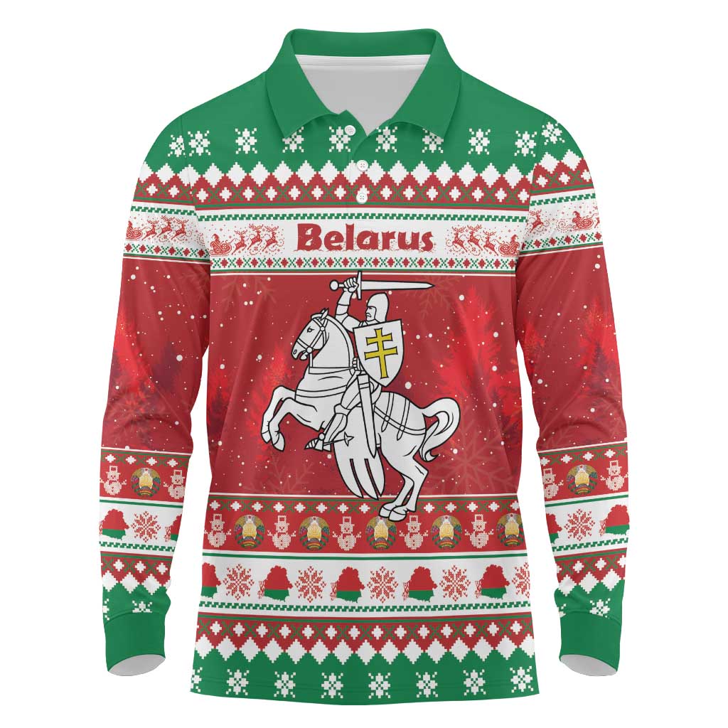 Belarus Pahonia Christmas Long Sleeve Polo Shirt Belarusian Vytis Knight Xmas Pattern - Wonder Print Shop