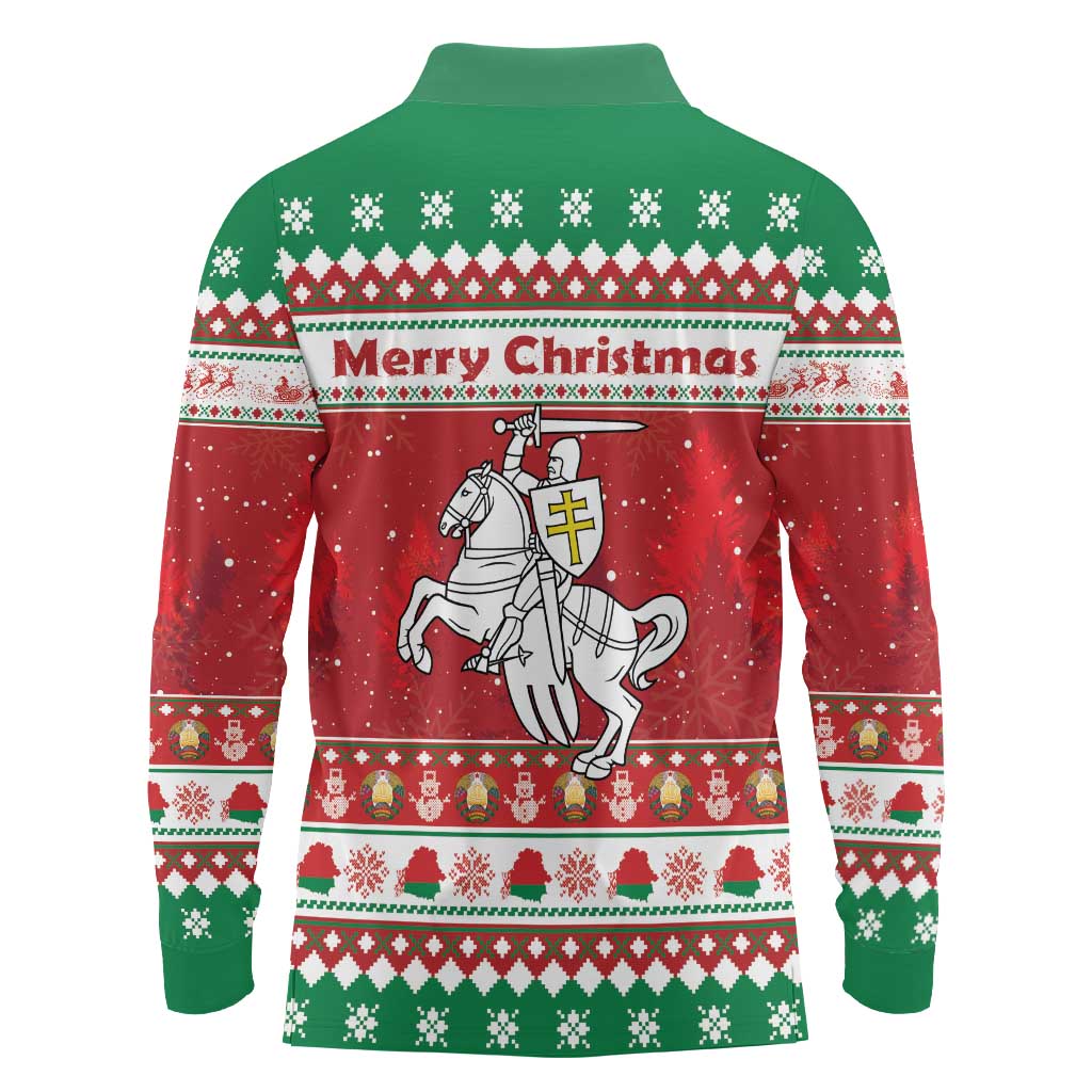 Belarus Pahonia Christmas Long Sleeve Polo Shirt Belarusian Vytis Knight Xmas Pattern - Wonder Print Shop