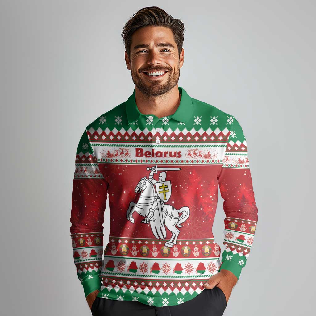 Belarus Pahonia Christmas Long Sleeve Polo Shirt Belarusian Vytis Knight Xmas Pattern - Wonder Print Shop