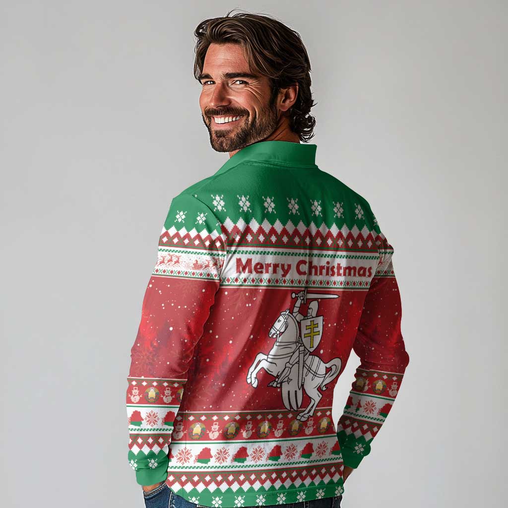 Belarus Pahonia Christmas Long Sleeve Polo Shirt Belarusian Vytis Knight Xmas Pattern - Wonder Print Shop