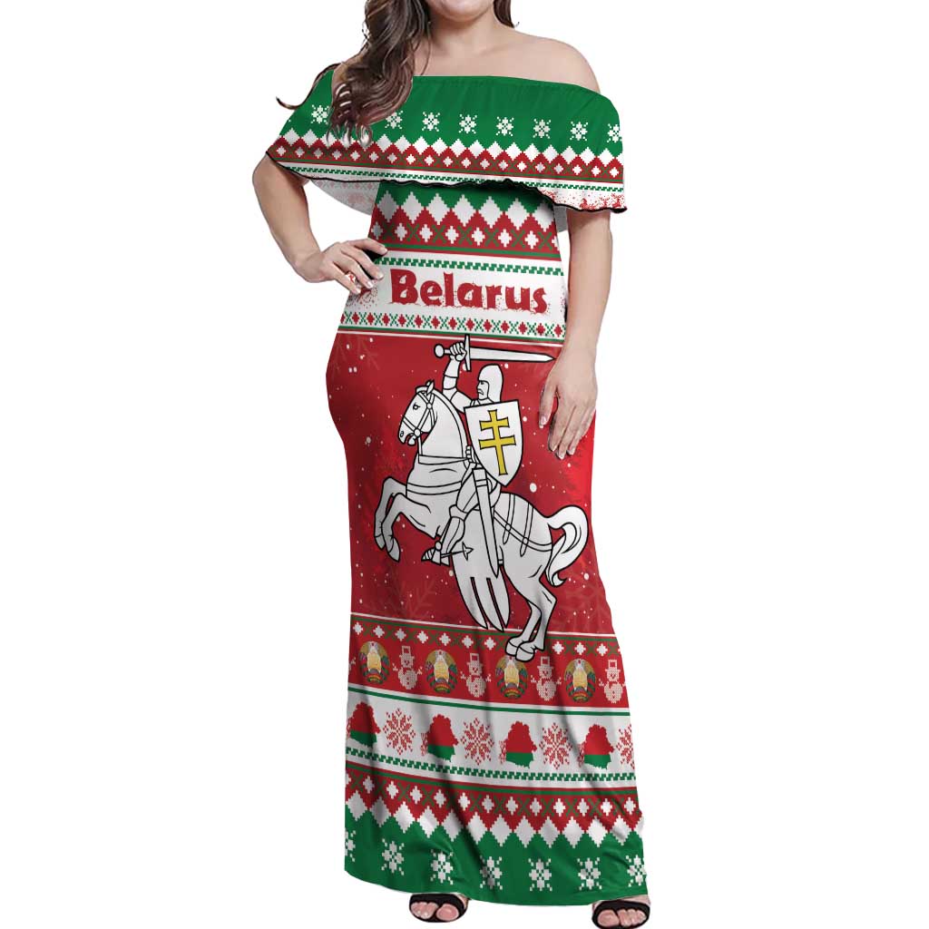 Belarus Pahonia Christmas Off Shoulder Maxi Dress Belarusian Vytis Knight Xmas Pattern - Wonder Print Shop