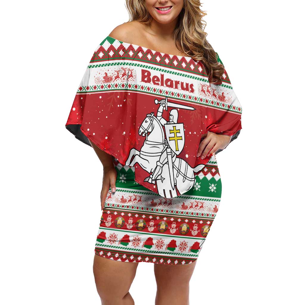 Belarus Pahonia Christmas Off Shoulder Short Dress Belarusian Vytis Knight Xmas Pattern - Wonder Print Shop