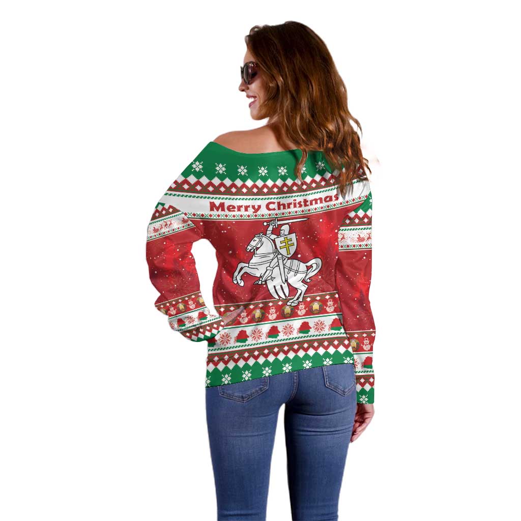Belarus Pahonia Christmas Off Shoulder Sweater Belarusian Vytis Knight Xmas Pattern - Wonder Print Shop