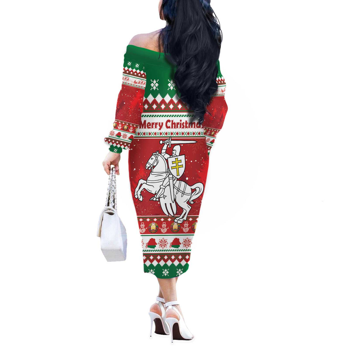 Belarus Pahonia Christmas Off The Shoulder Long Sleeve Dress Belarusian Vytis Knight Xmas Pattern - Wonder Print Shop